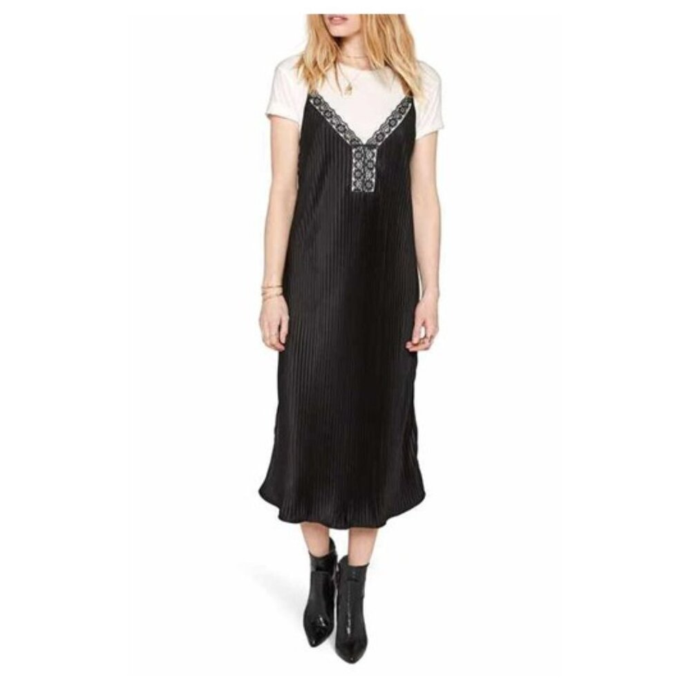 Amuse Society Black Stretch Ribbed Slip Dress Lace Bodice Trim Size S